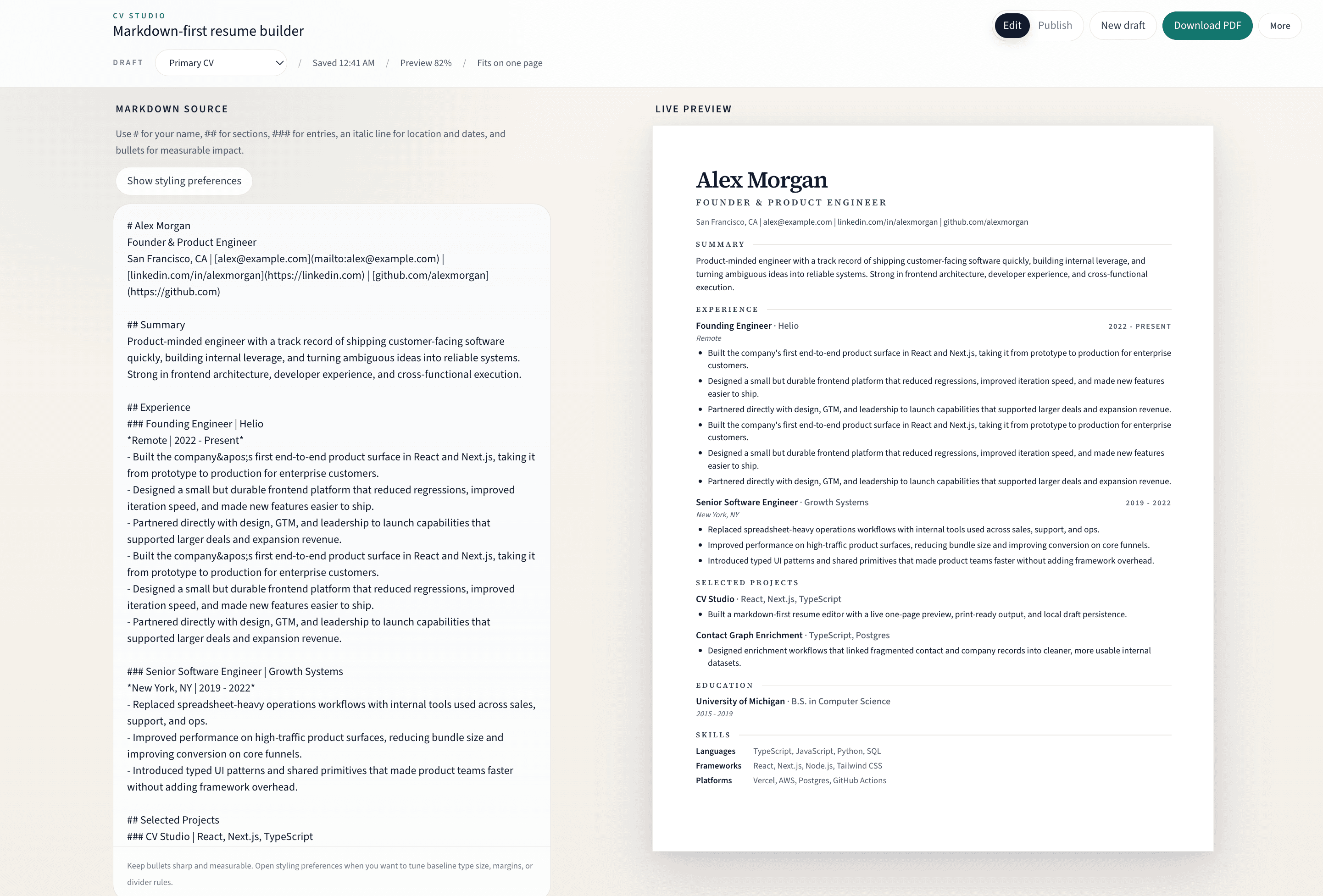 Tiny CV editor with markdown on the left and a one-page preview on the right.
